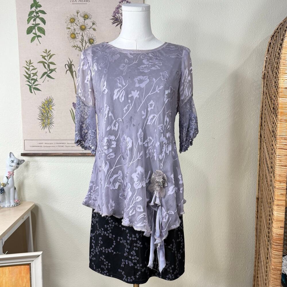 Vtg 90s Silk Floral Asymmetric Top Fairy Grunge Whimsy Ethereal Whimsigoth M L